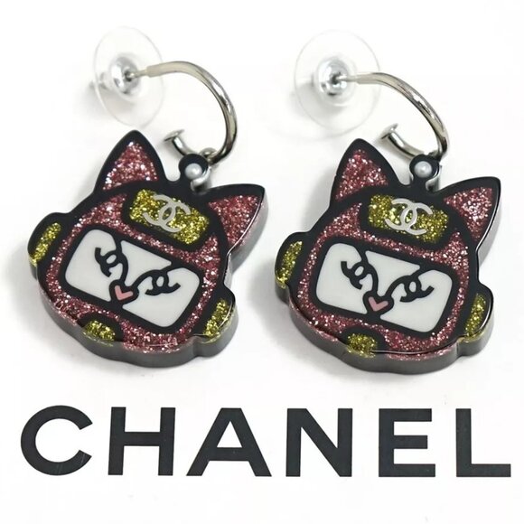 CHANEL CC Logos Pink Robot Cats Hoop Earrings Silver Tone 17S Auth w/Box #32262 - Picture 1 of 16
